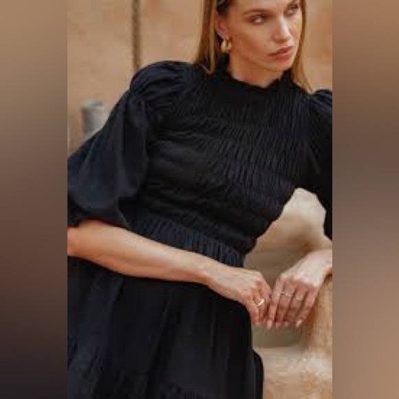 TACH Dresses & Skirts - 🖤 Tach Black Smocked Ruffle Midi Dress XS Cottagecore Romantic Boho Cotton Blend